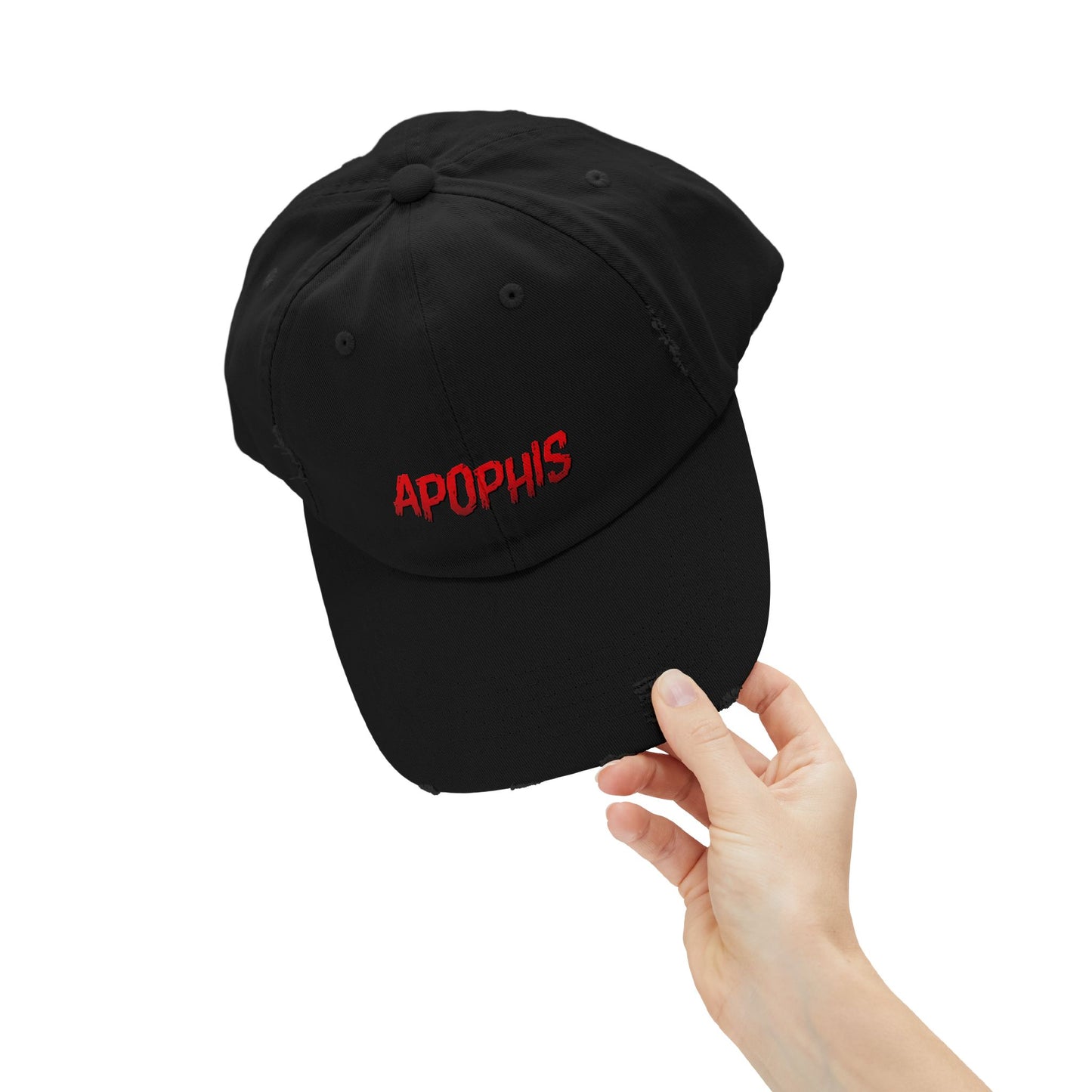 Apophis Distressed Baseball Cap — Red Embroidered Streetwear Hat