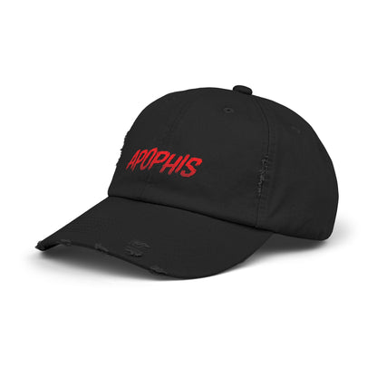 Apophis Distressed Baseball Cap — Red Embroidered Streetwear Hat