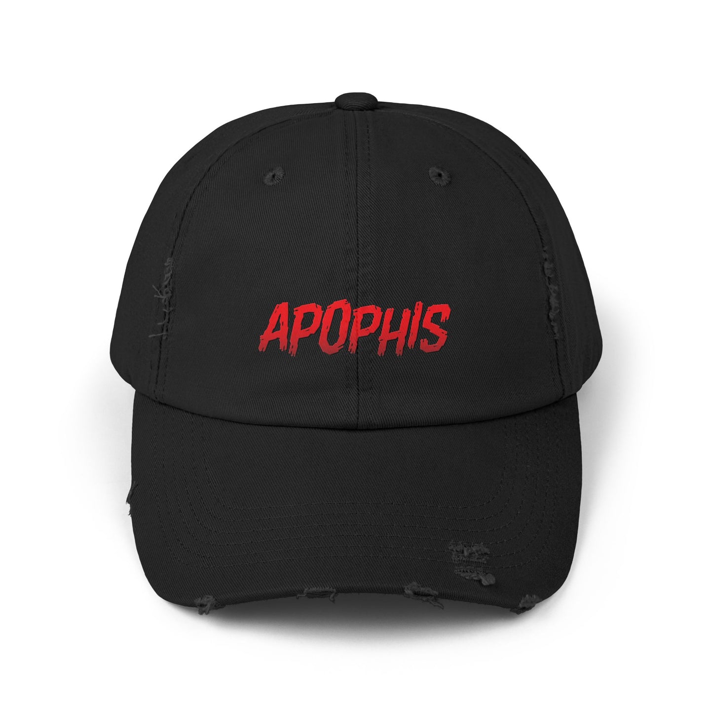 Apophis Distressed Baseball Cap — Red Embroidered Streetwear Hat