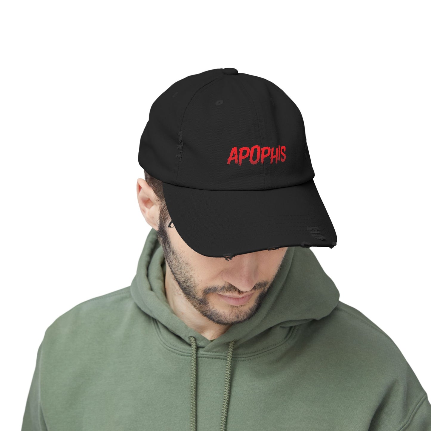 Apophis Distressed Baseball Cap — Red Embroidered Streetwear Hat