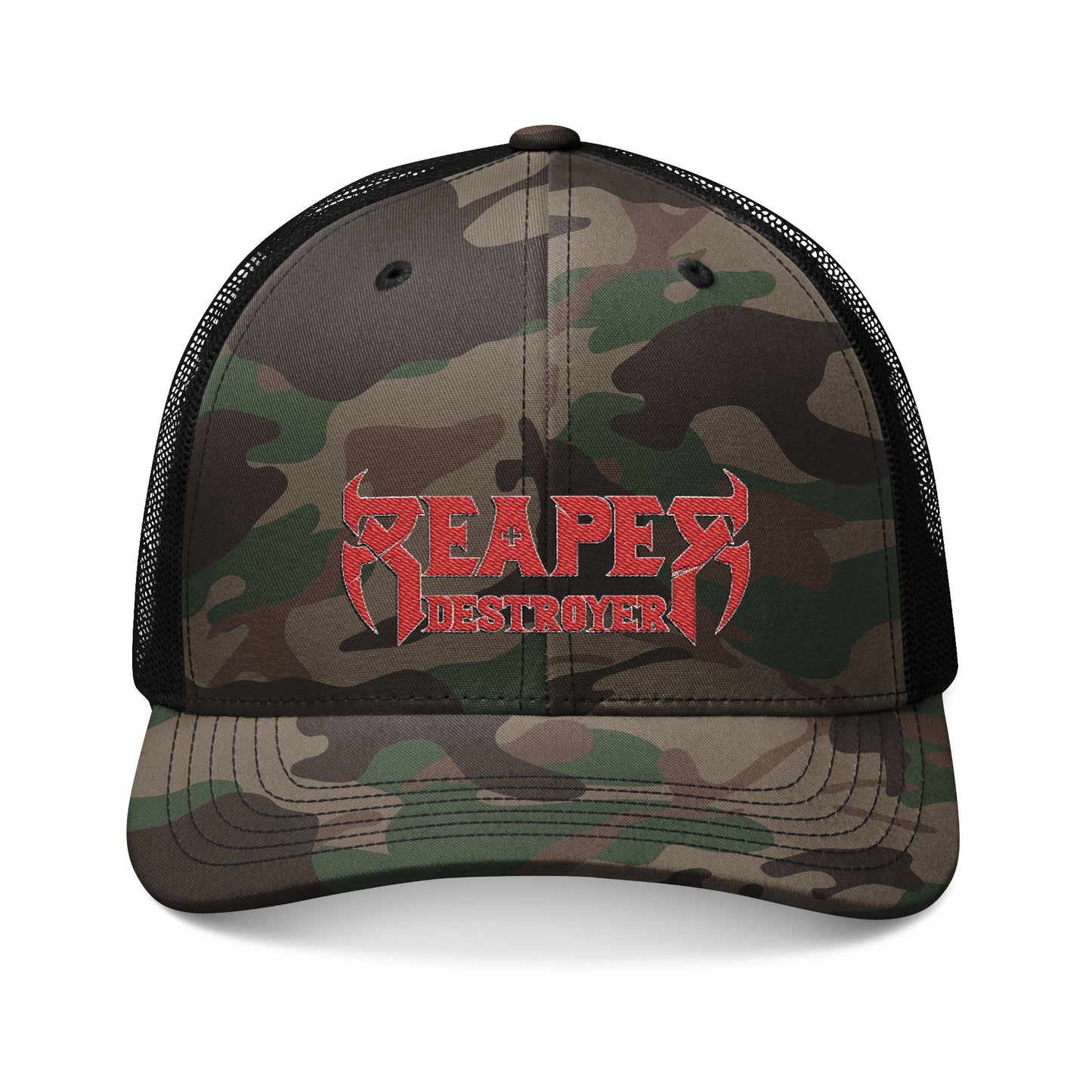 Camo Trucker Hat — Embroidered 'Reaper' Metal Logo