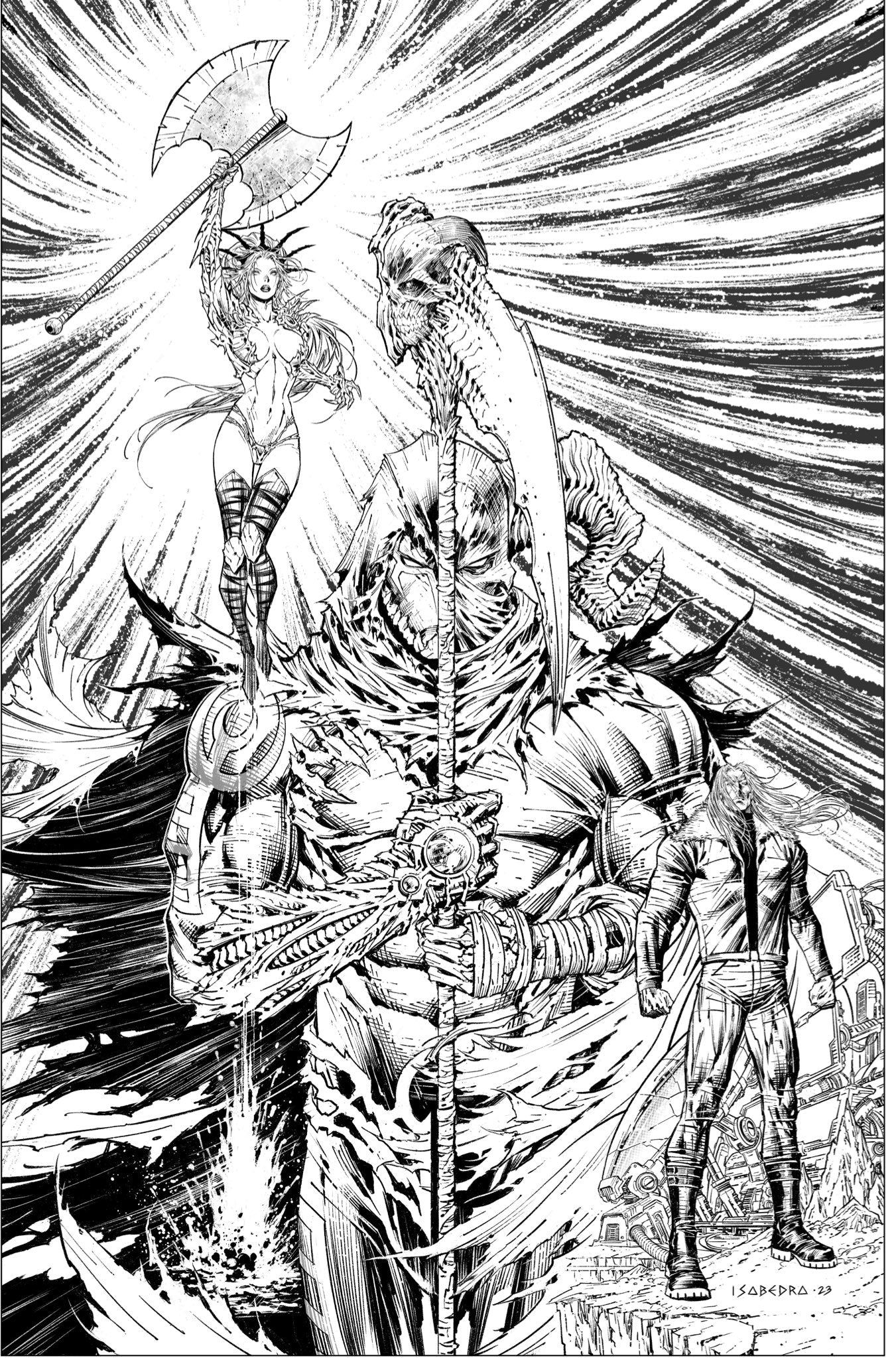Black and white illustration of a warrior with a large snake-like creature and another figure in the background.